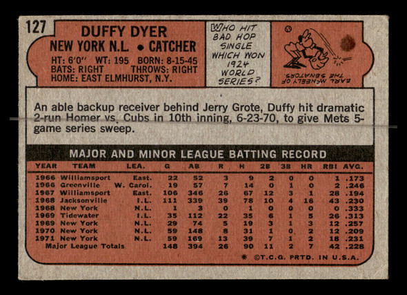 1972 Topps Duffy Dyer #127 New York Mets Good - Back