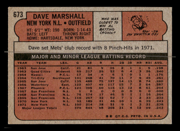 1972 Topps Dave Marshall #673 New York Mets High Number VG - Back