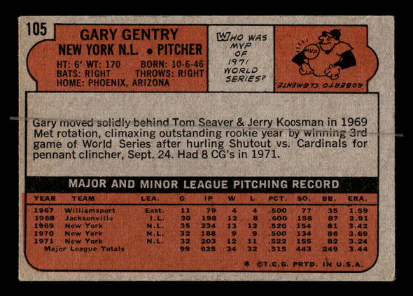 1972 Topps Gary Gentry #105 New York Mets Low Grade - Creases - Back