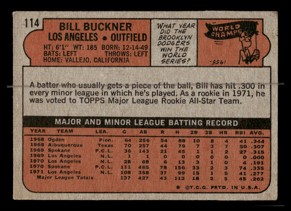 1972 Topps Bill Buckner #114 Los Angeles Dodgers Low Grade - Creases - Back