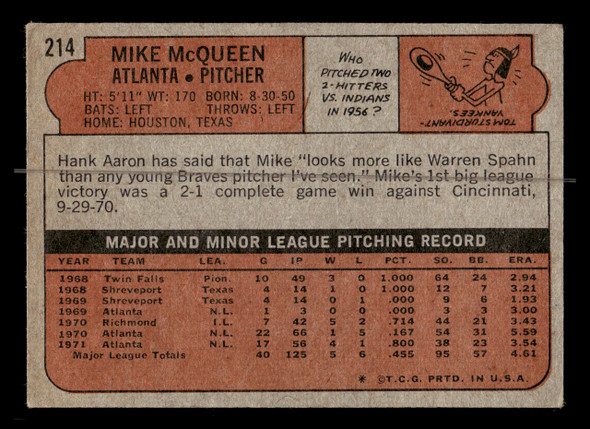 1972 Topps Mike McQueen #214 Atlanta Braves Low Grade - Creases - Back