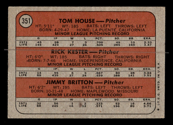 1972 Topps Tom House / Rick Kester / Jimmy Britton #351 Rookie Stars Atlanta Braves RC Good - Back