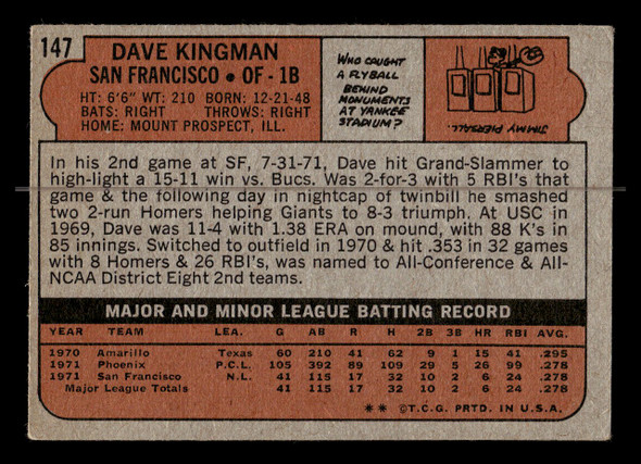 1972 Topps Dave Kingman #147 San Francisco Giants RC Low Grade - Creases - Back