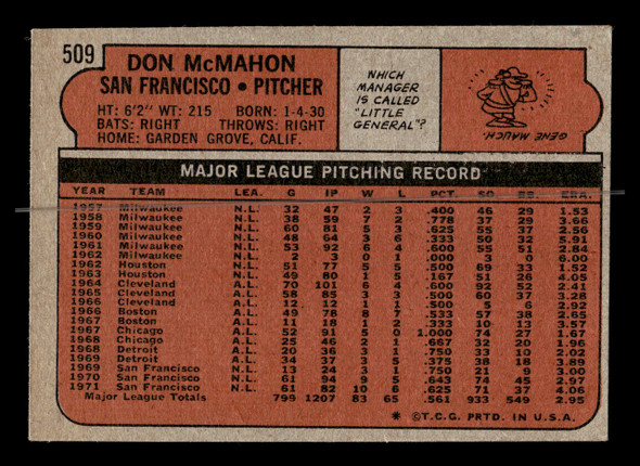1972 Topps Don McMahon #509 San Francisco Giants VG - Back