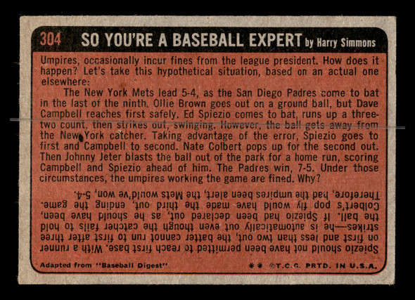 1972 Topps Joe Pepitone #304 In Action Chicago Cubs Good - Back