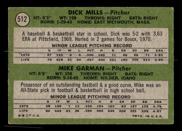 1971 Topps Dick Mills / Mike Garman #512 Rookie Stars Boston Red Sox RC Low Grade - Creases - Back