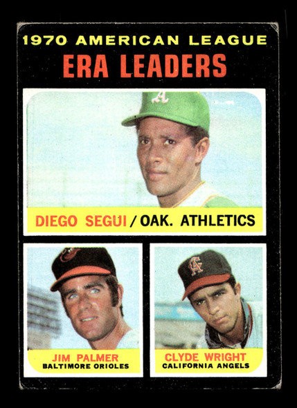 1971 Topps Diego Segui / Jim Palmer / Clyde Wright #67 AL ERA Leaders Oakland Athletics / Baltimore Orioles / California Angels HOF Low Grade - Creases - Front