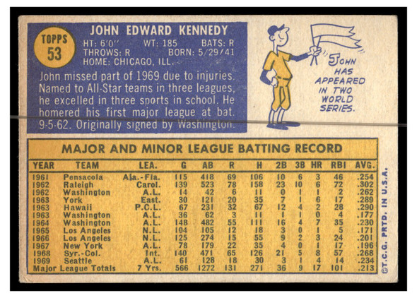 1970 Topps Baseball John Kennedy #53 VG back of card