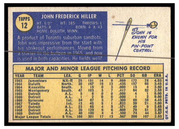 1970 Topps Baseball John Hiller #12 VG back of card