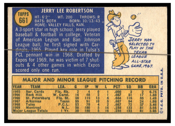 1970 Topps Baseball Jerry Robertson #661 VG back of card