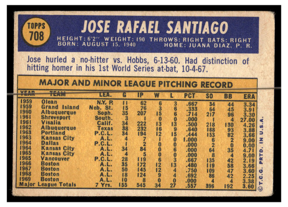 1970 Topps Baseball Jose Santiago #708 VG back of card