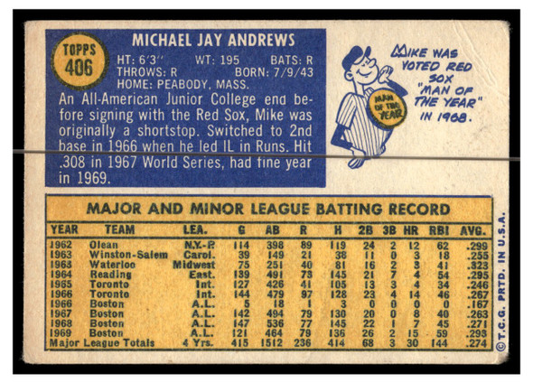 1970 Topps Baseball Mike Andrews #406 VG back of card