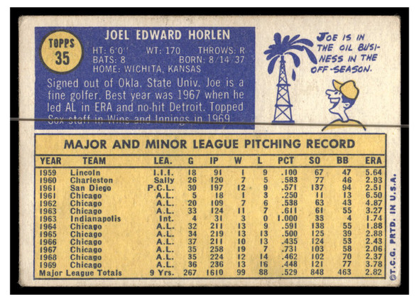 1970 Topps Baseball Joe Horlen #35 VG back of card