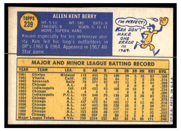1970 Topps Baseball Ken Berry #239 VG back of card