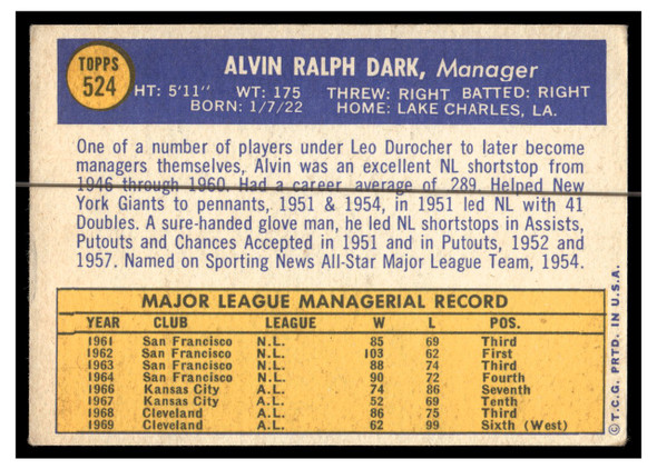 1970 Topps Baseball Alvin Dark #524 Manager VG back of card