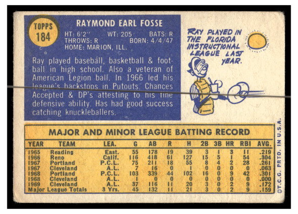 1970 Topps Baseball Ray Fosse #184 VG back of card