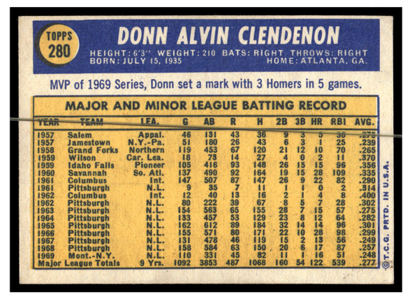 1970 Topps Baseball Donn Clendenon #280 VG-EX back of card