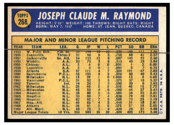 1970 Topps Baseball Claude Raymond #268 VG back of card