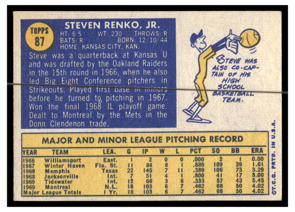 1970 Topps Baseball Steve Renko #87 VG-EX back of card
