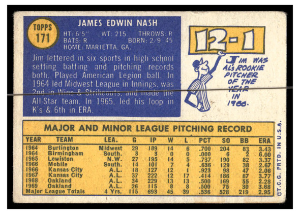 1970 Topps Baseball Jim Nash #171 VG back of card
