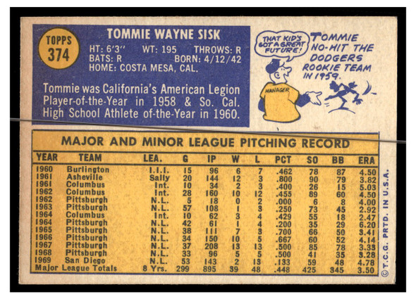1970 Topps Baseball Tommie Sisk #374 VG-EX back of card