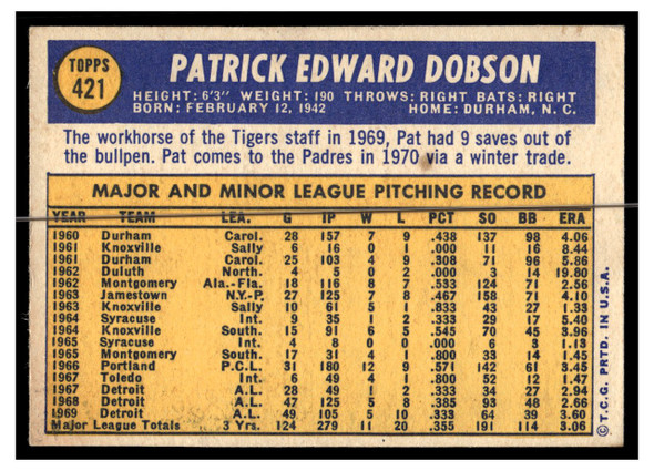 1970 Topps Baseball Pat Dobson #421 VG-EX back of card