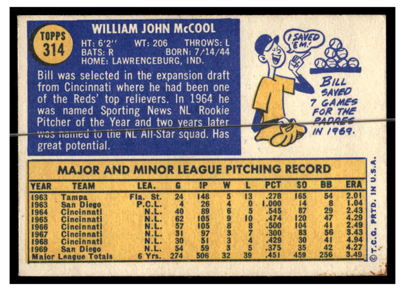 1970 Topps Baseball Bill McCool #314 VG back of card