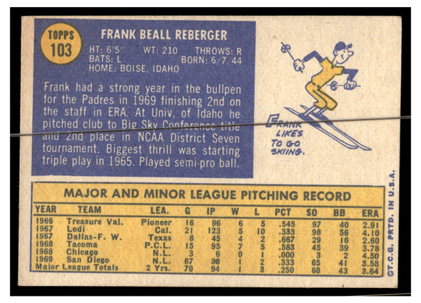 1970 Topps Baseball Frank Reberger #103 VG back of card