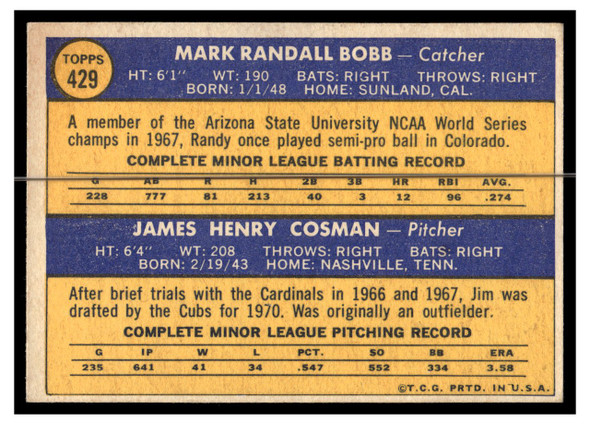 1970 Topps Baseball Randy Bobb / Jim Cosman #429 Rookie Stars VG-EX back of card