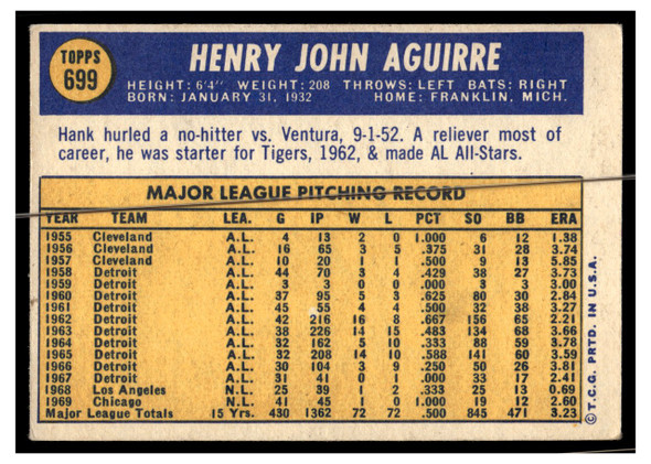 1970 Topps Baseball Hank Aguirre #699 VG back of card