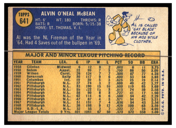 1970 Topps Baseball Al McBean #641 VG-EX back of card