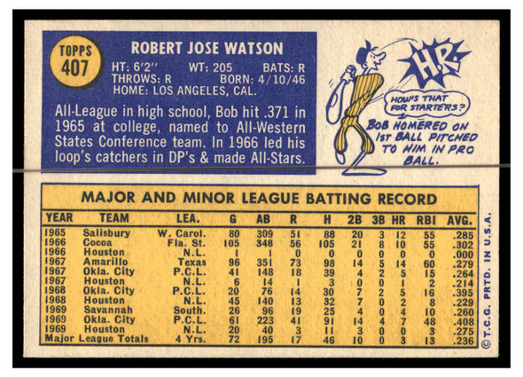 1970 Topps Baseball Bob Watson #407 VG-EX back of card