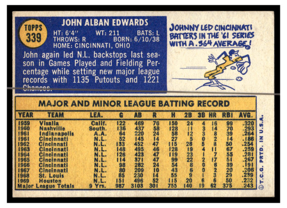 1970 Topps Baseball John Edwards #339 VG back of card