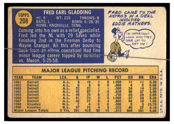 1970 Topps Baseball Fred Gladding #208 VG back of card