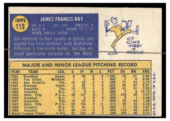 1970 Topps Baseball Jim Ray #113 VG-EX back of card
