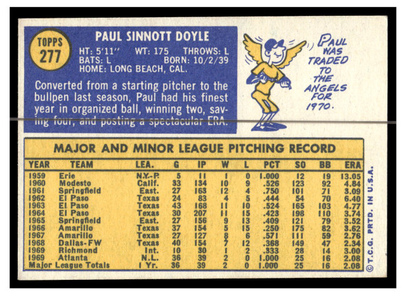 1970 Topps Baseball Paul Doyle #277 VG-EX back of card
