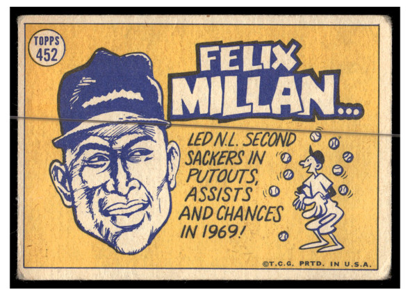 1970 Topps Baseball Felix Millan #452 All-Star Fair back of card