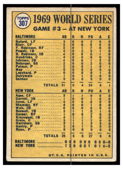 1970 Topps Baseball Tommie Agee #307 World Series VG-EX back of card