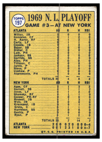 1970 Topps Baseball 1969 NLCS Game 3 #197 League Playoff VG-EX back of card
