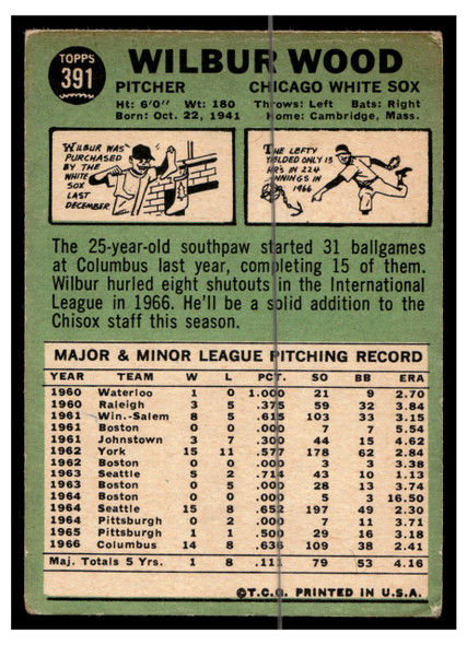 1967 Topps Baseball Wilbur Wood #391 VG back of card