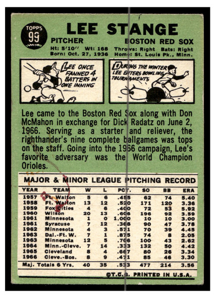 1967 Topps Baseball Lee Stange #99 VG back of card