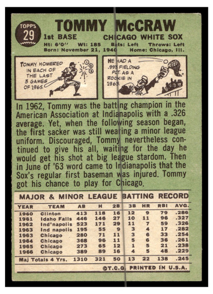 1967 Topps Baseball Tommy McCraw #29 VG back of card