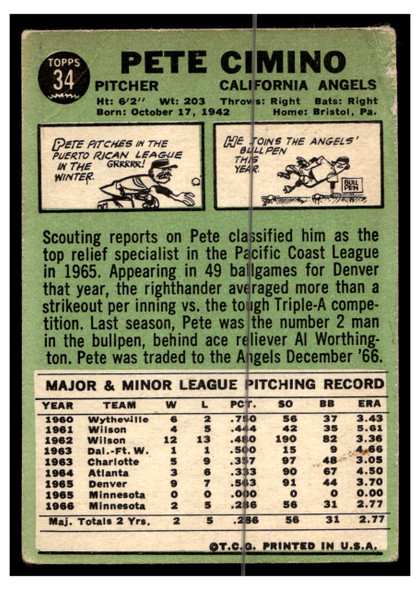 1967 Topps Baseball Pete Cimino #34 VG-EX back of card