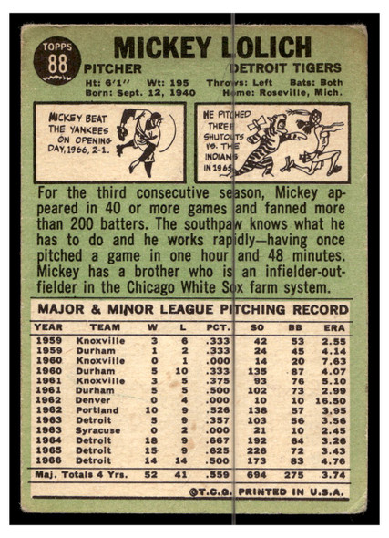 1967 Topps Baseball Mickey Lolich #88 VG-EX back of card