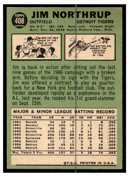 1967 Topps Baseball Jim Northrup #408 VG back of card
