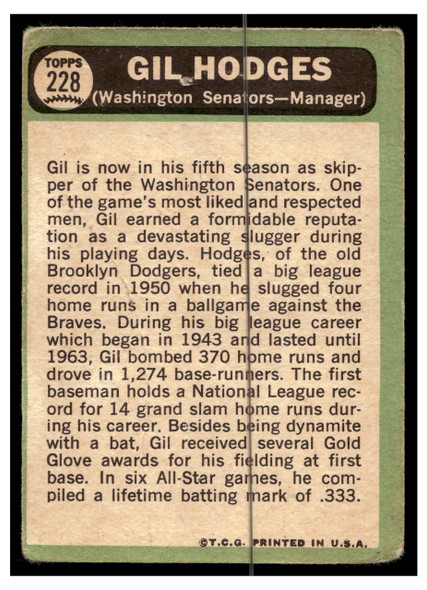 1967 Topps Baseball Gil Hodges #228 Manager VG back of card