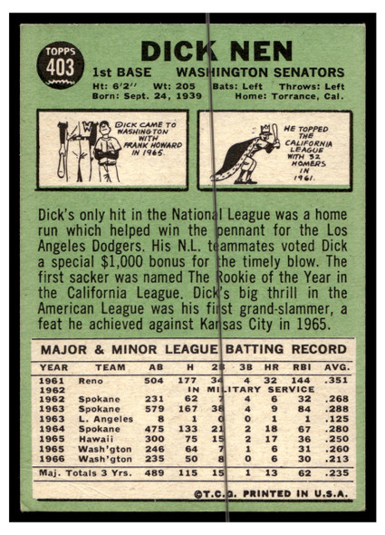 1967 Topps Baseball Dick Nen #403 VG back of card