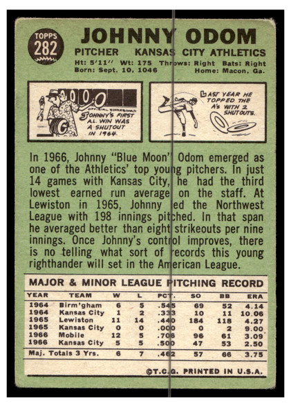 1967 Topps Baseball Johnny Odom #282 VG back of card