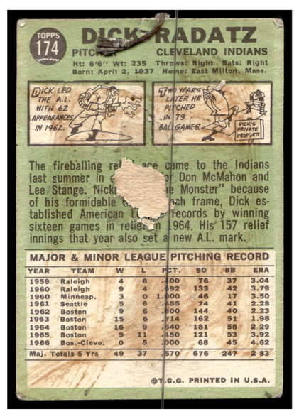 1967 Topps Baseball Dick Radatz #174 Poor back of card