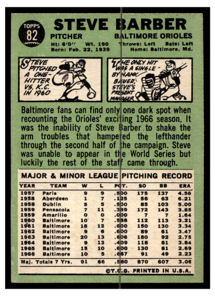 1967 Topps Baseball Steve Barber #82 VG back of card